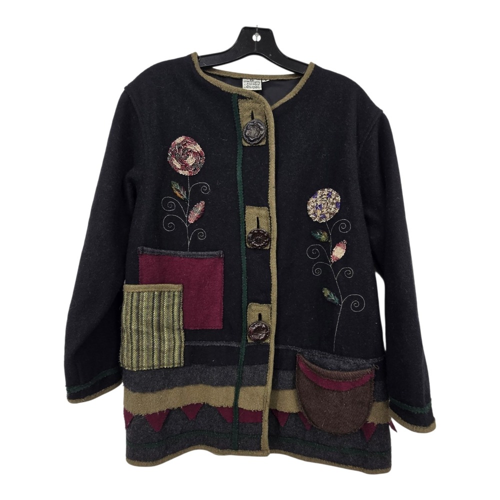 Parsley Sage Patchwork Flowers Jacket Women SM Black Wool Boho Country‎ Artsy